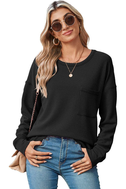 Apricot Pocketed Ribbed Long Sleeve Top - The Fair Lady Shop