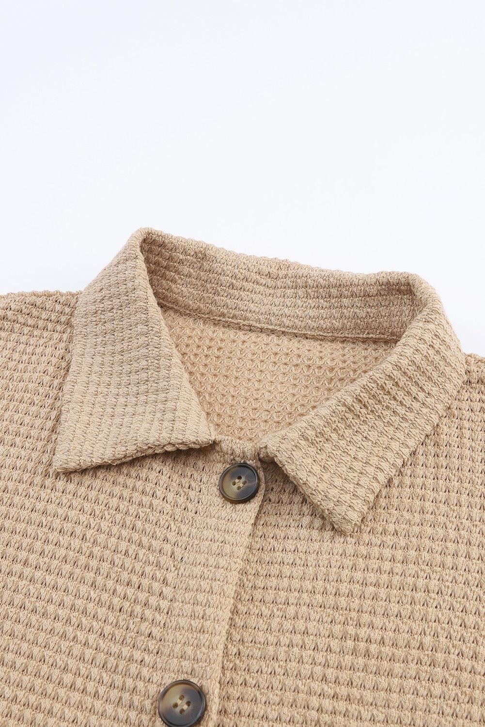 Khaki Waffle Knit Pocket Button Front Shacket - The Fair Lady Shop