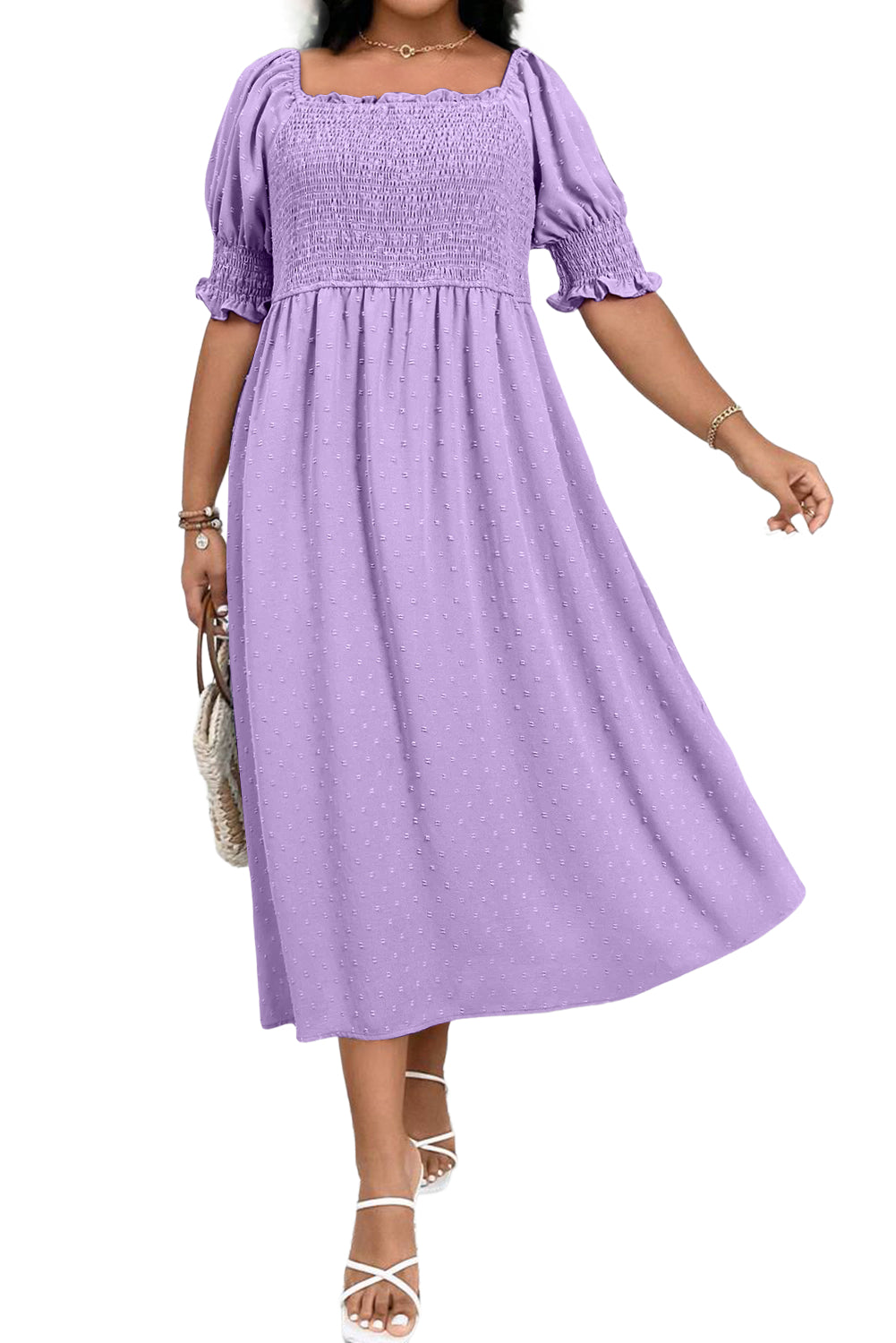 Wisteria Swiss Dot Smocked Frill Square Neck Plus Size Dress - The Fair Lady Shop