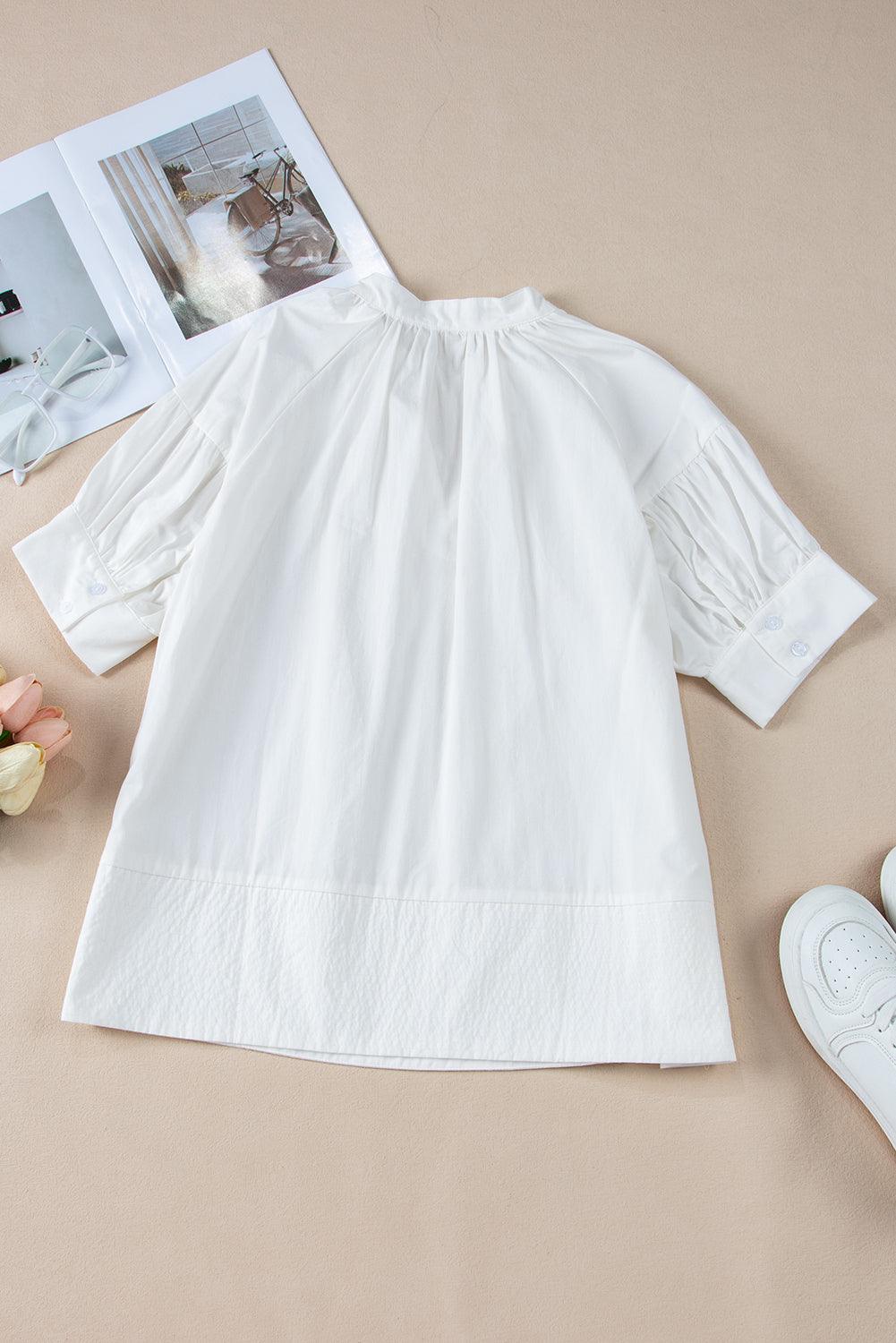 White Solid Color Ruched Bubble Sleeve V Neck Shirt - The Fair Lady Shop