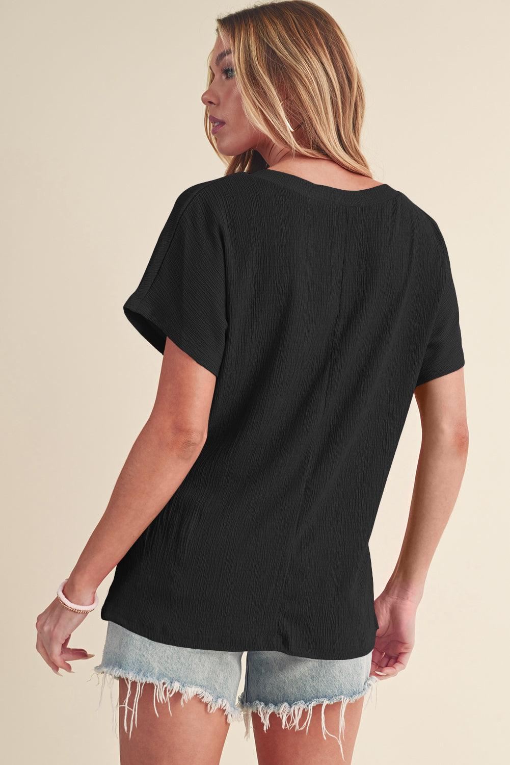 Blue Plain Crinkled V Neck Flounce Sleeve T Shirt - The Fair Lady Shop