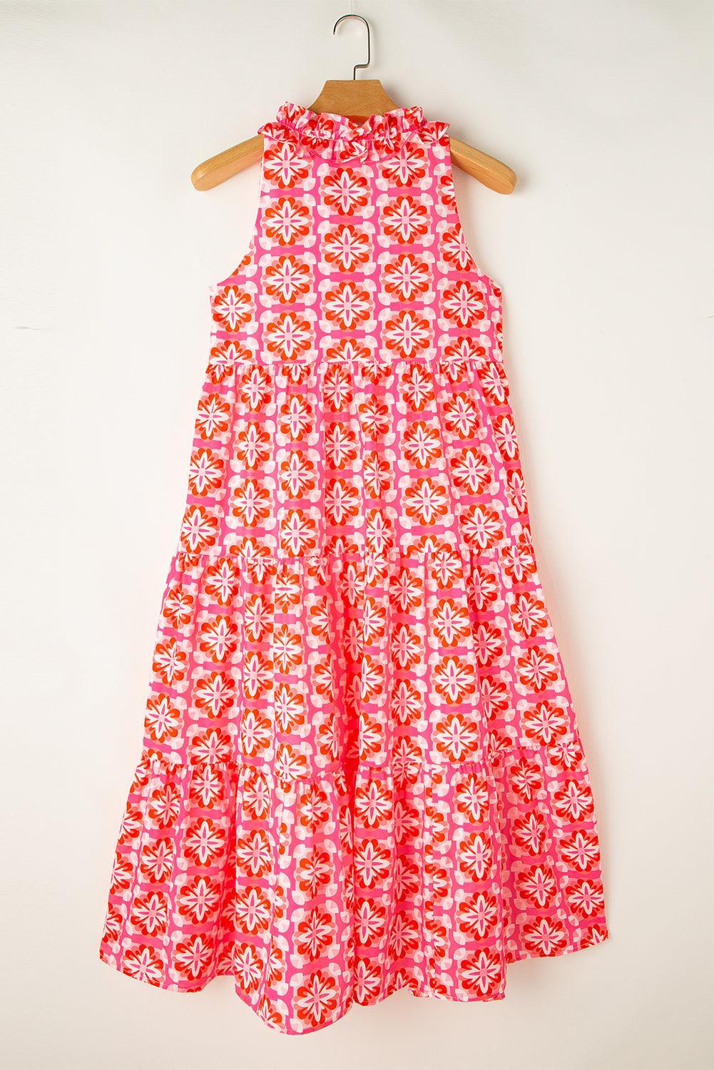 Sky Blue 60s Flower Split Neck Sleeveless Tiered Maxi Dress - The Fair Lady Shop