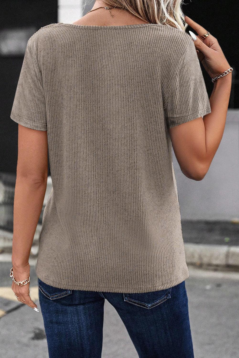 Pale Khaki Button Strappy V Neck Plain Ribbed Tee - The Fair Lady Shop