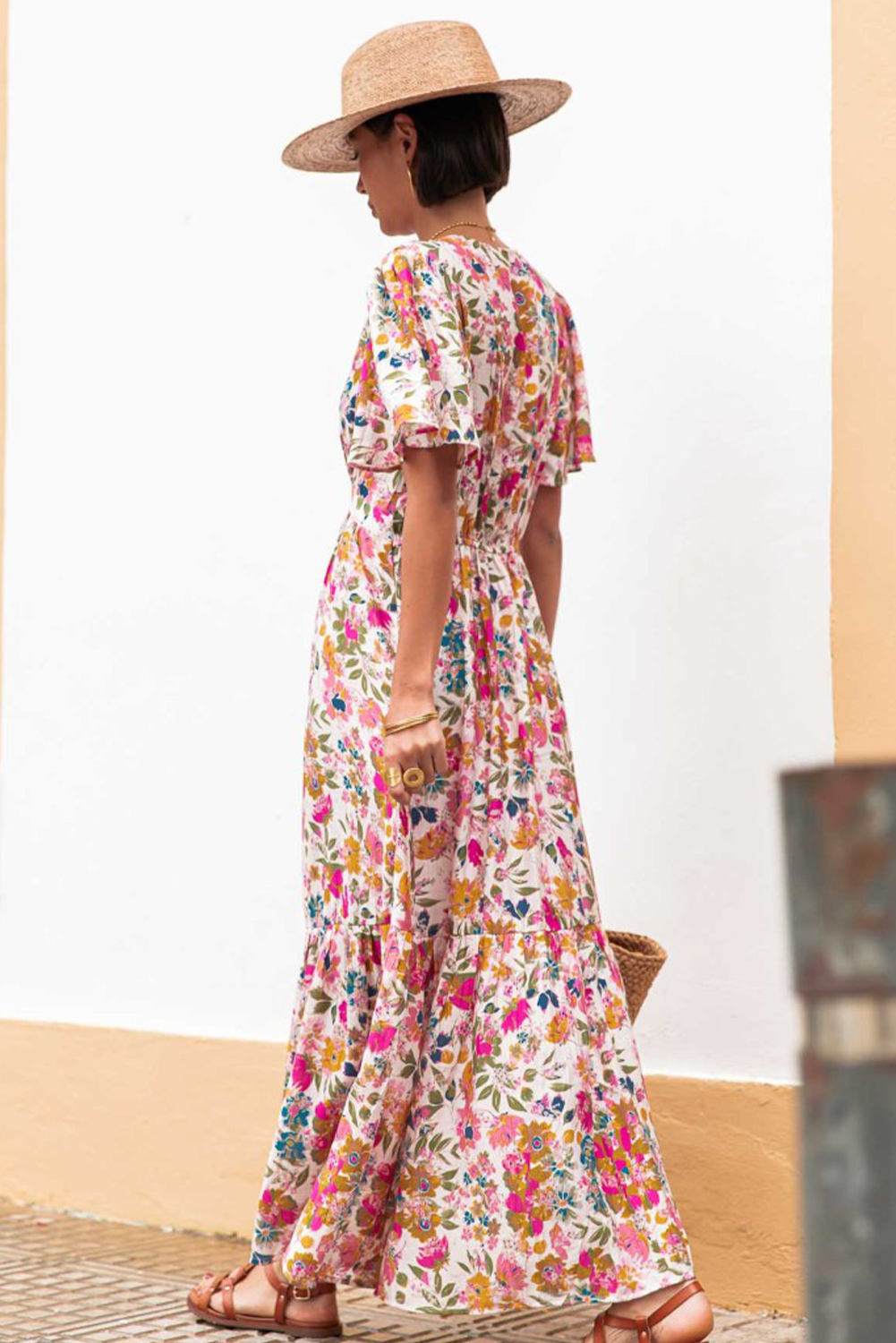 Red Floral Short Sleeve V Neck High Waist Maxi Dress - The Fair Lady Shop