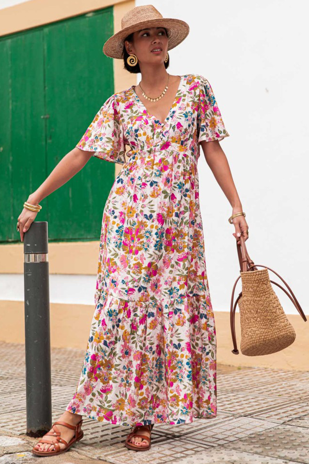 Red Floral Short Sleeve V Neck High Waist Maxi Dress - The Fair Lady Shop