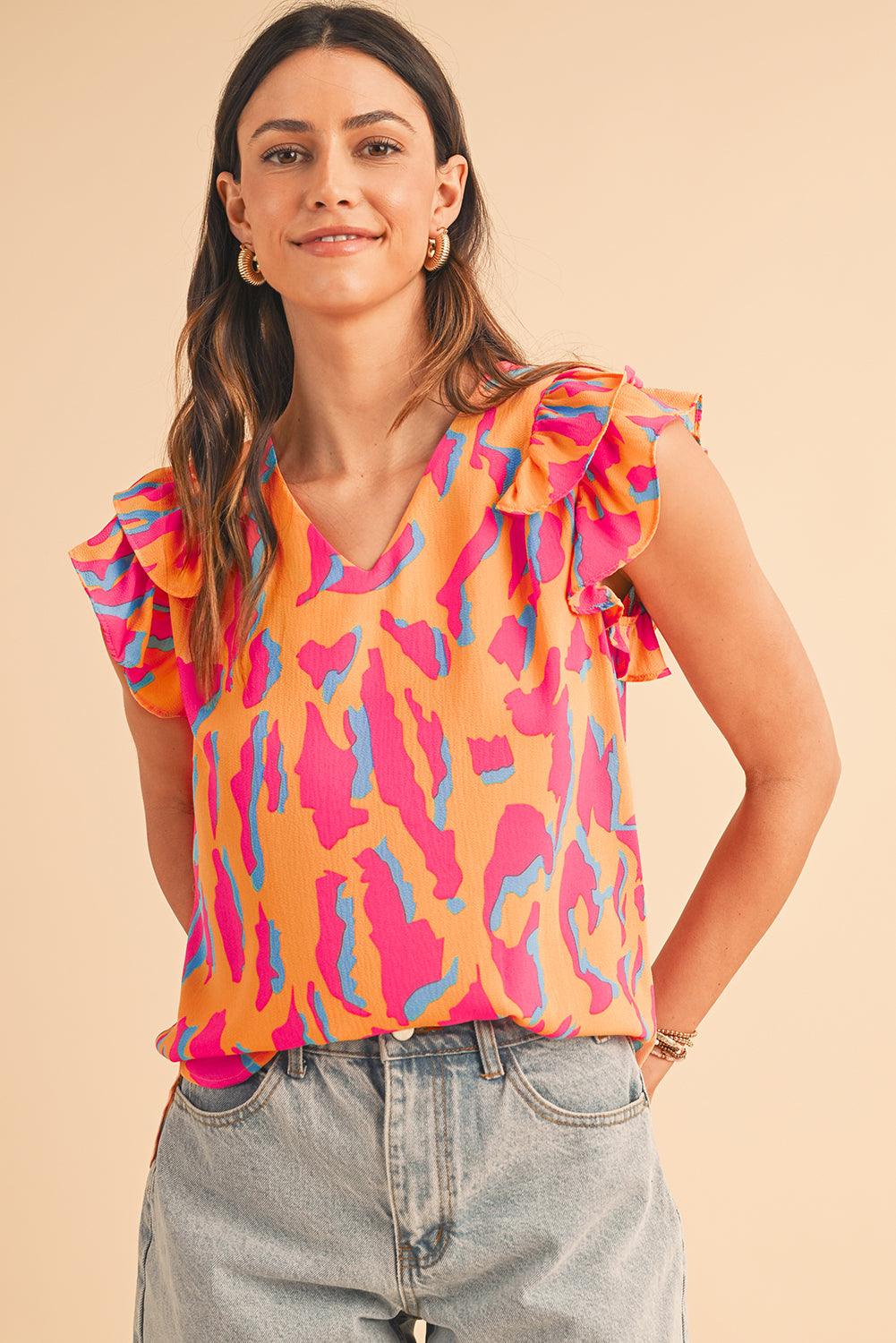 Orange Abstract Print V Neck Ruffled Sleeve Blouse - The Fair Lady Shop