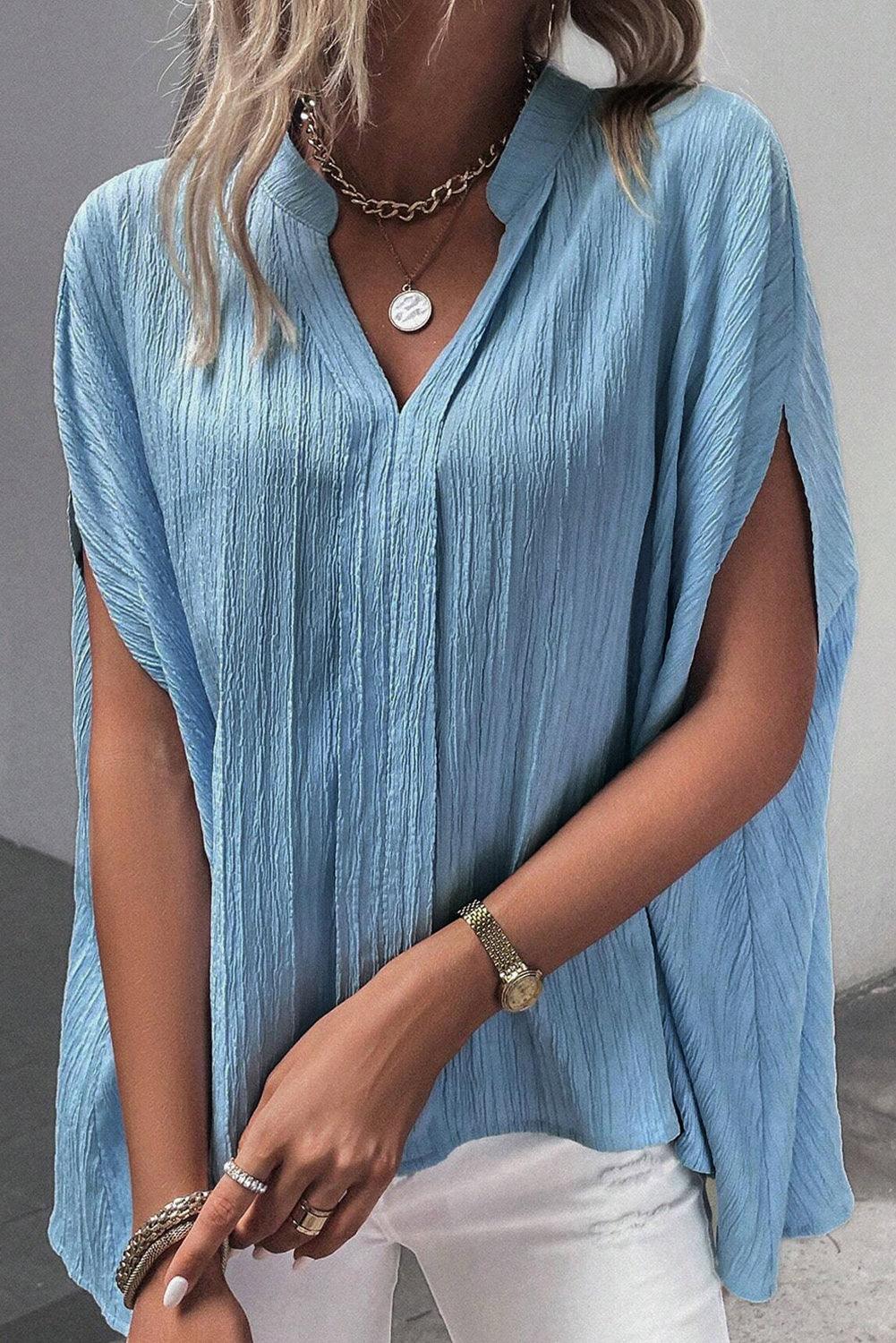 Dusk Blue V Neck Crinkle Dolman Blouse - The Fair Lady Shop