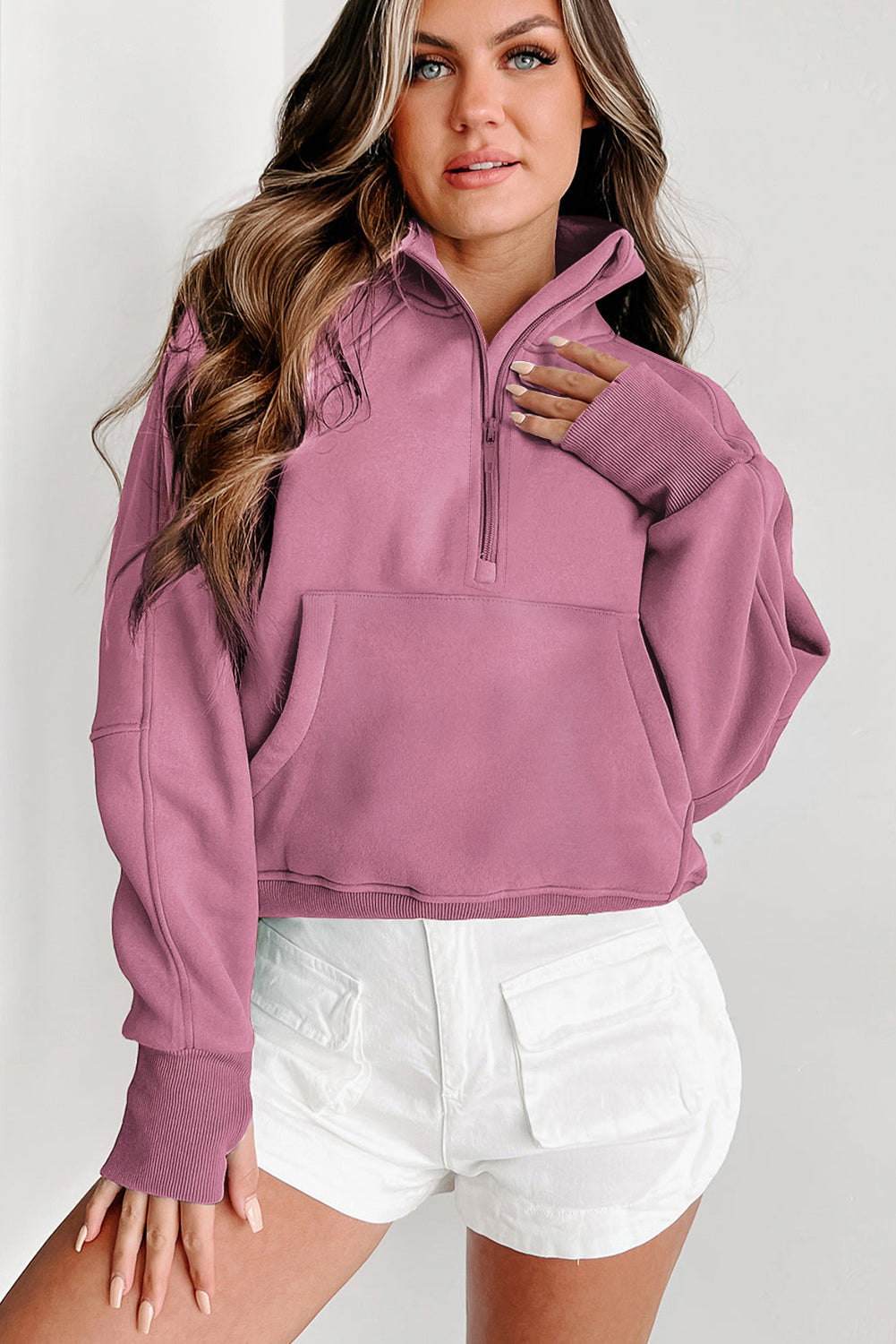 Phalaenopsis Zip Up Stand Collar Ribbed Thumbhole Sleeve Sweatshirt - The Fair Lady Shop