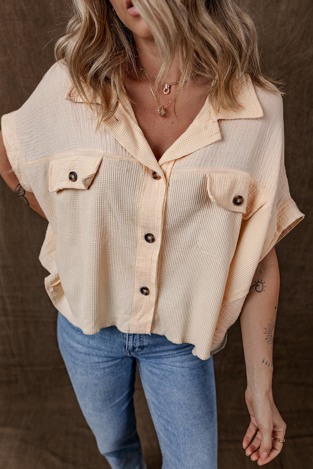 Beige Waffle Crinkle Patchwork Short Batwing Sleeve Shirt - The Fair Lady Shop