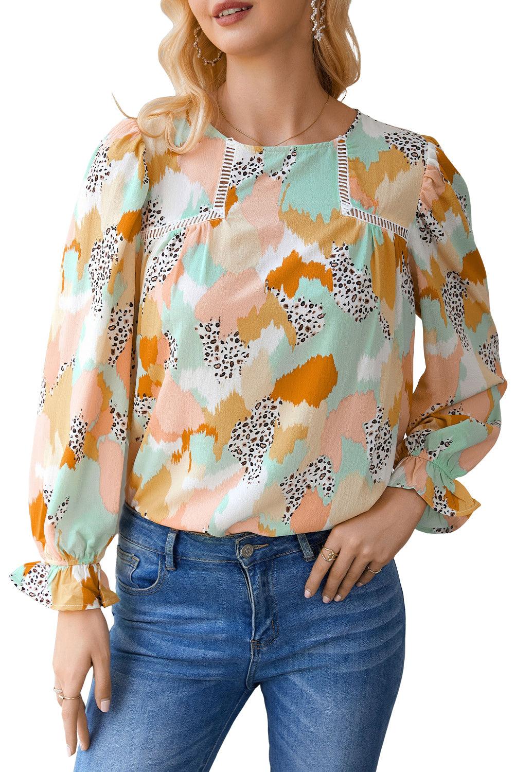 Multicolor Abstract Print Boho Ruffle Puff Sleeve Blouse - The Fair Lady Shop