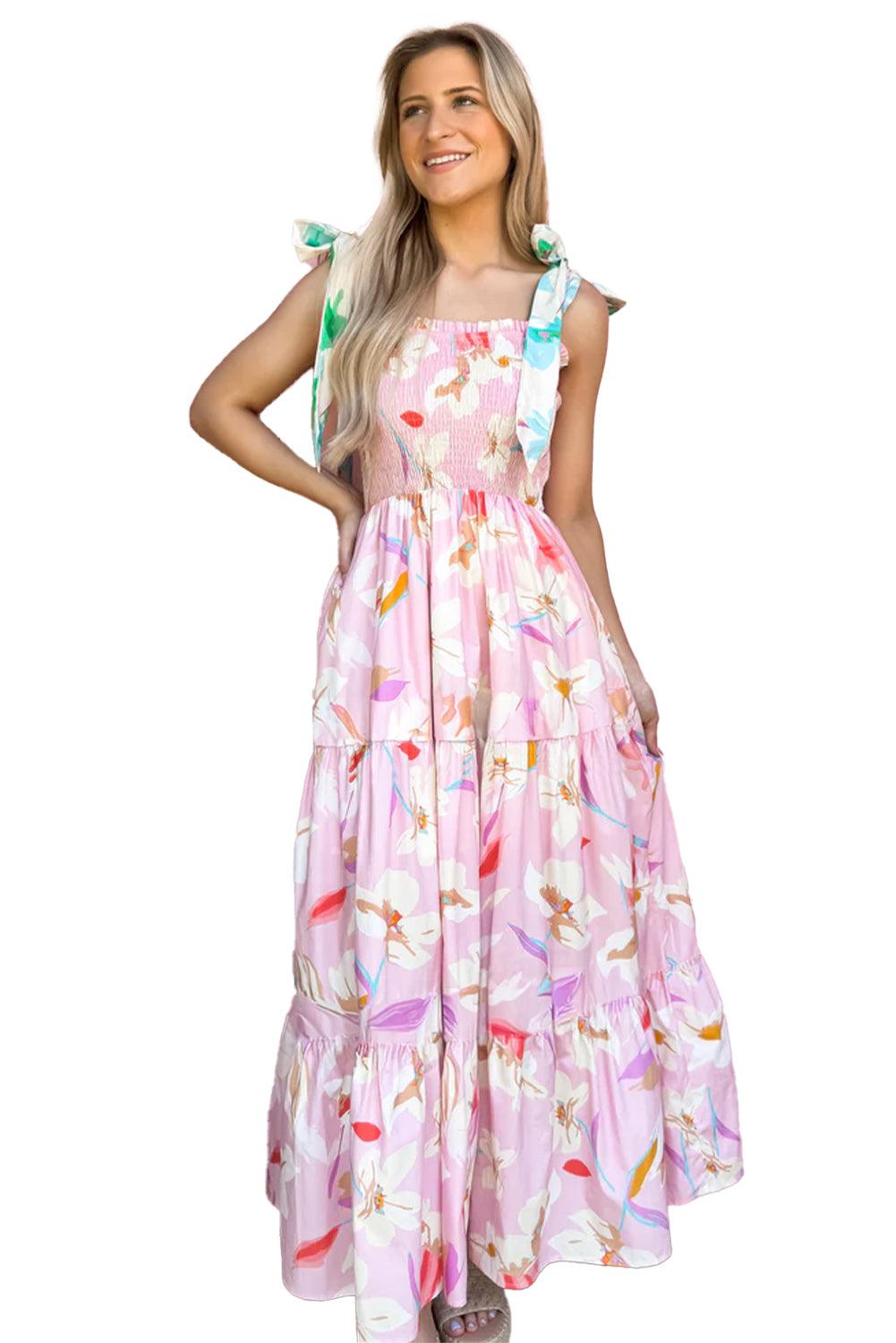 Pink Floral Print Knotted Shoulder Smocked Maxi Dress - The Fair Lady Shop