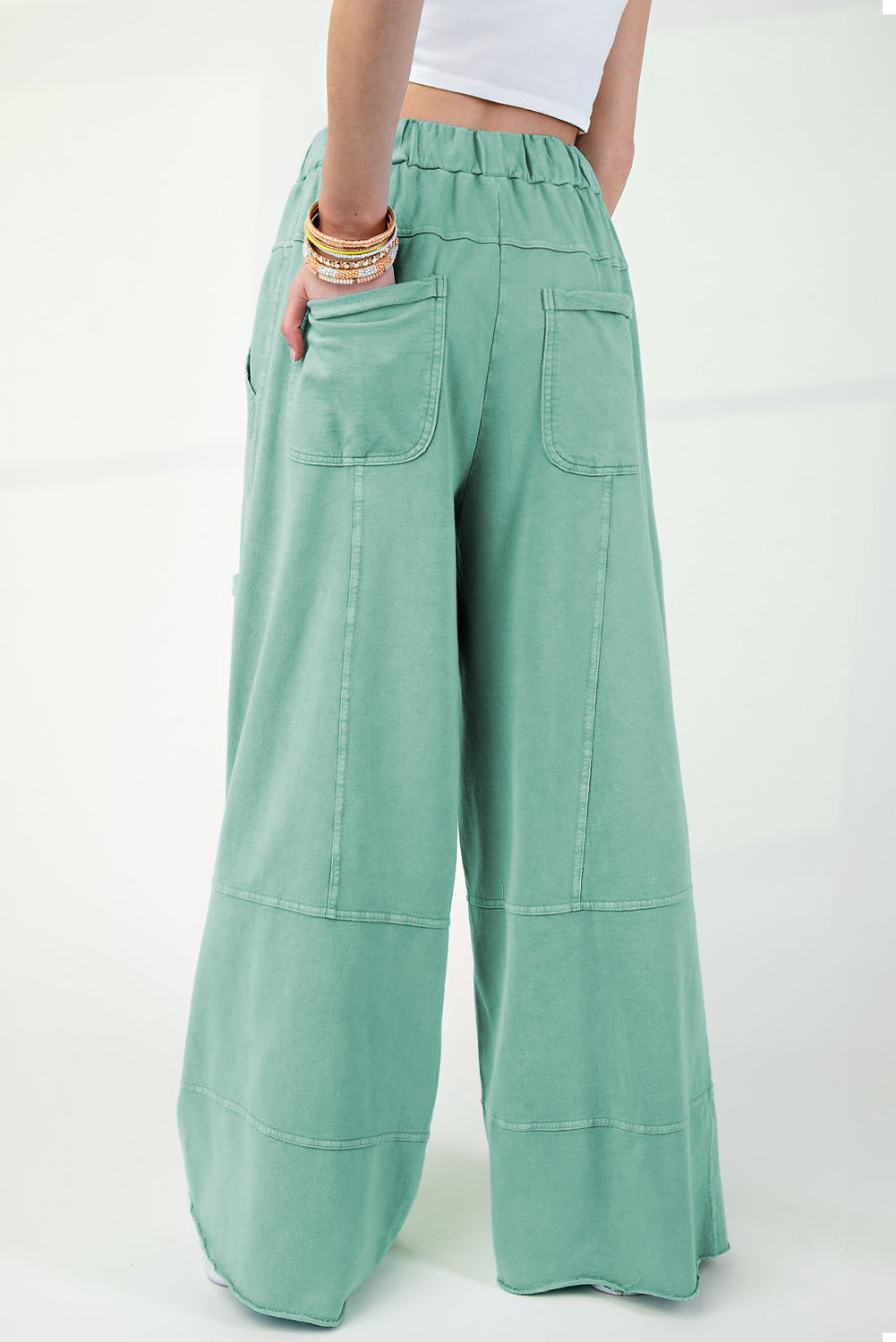 Mint Green Mineral Wash Exposed Seam Wide Leg Cargo Pants - The Fair Lady Shop