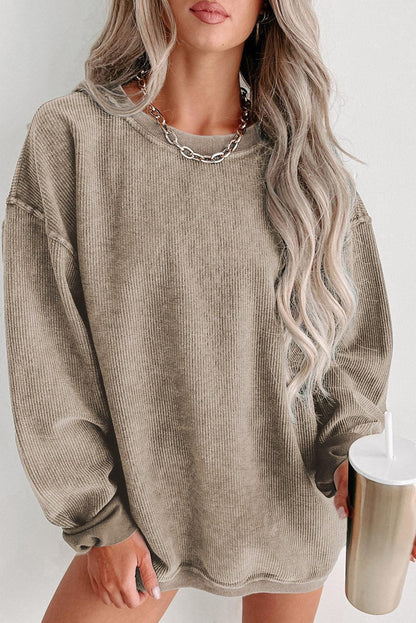 Khaki Solid Ribbed Round Neck Pullover Sweatshirt - The Fair Lady Shop