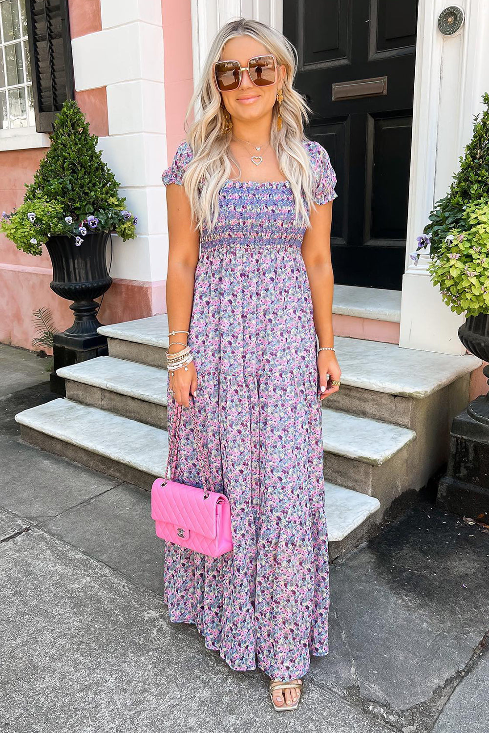 Purple Floral Short Bubble Sleeve Smocked High Waist Maxi Dress - The Fair Lady Shop