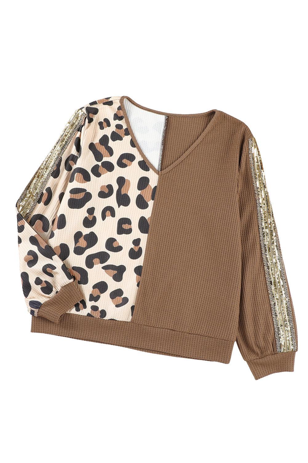 Brown Leopard Print Color Block Waffle Knit V Neck Long Sleeve Top - The Fair Lady Shop