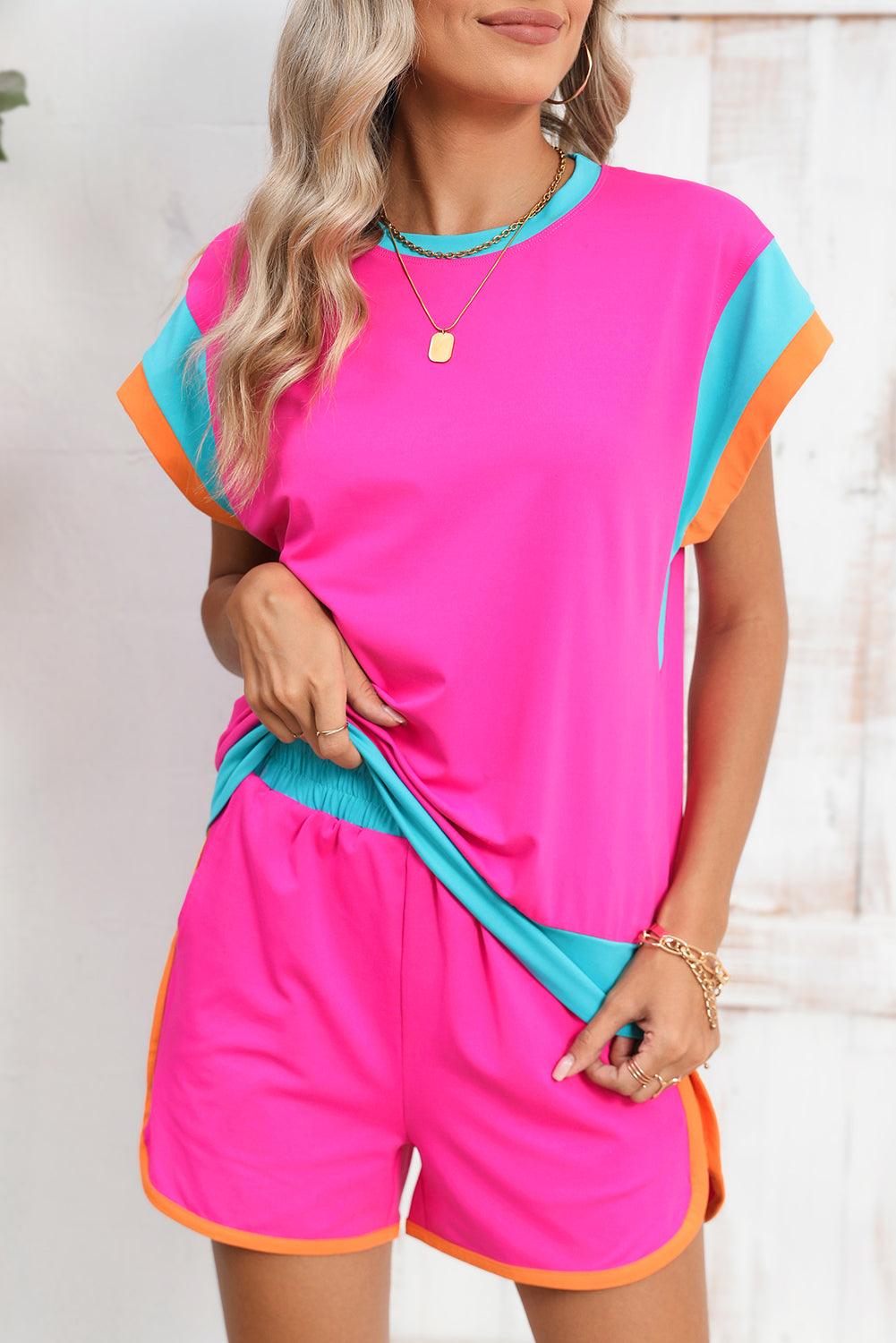 Peach Blossom Color Block Loose Fit Top & Elastic Waist Shorts Set - The Fair Lady Shop