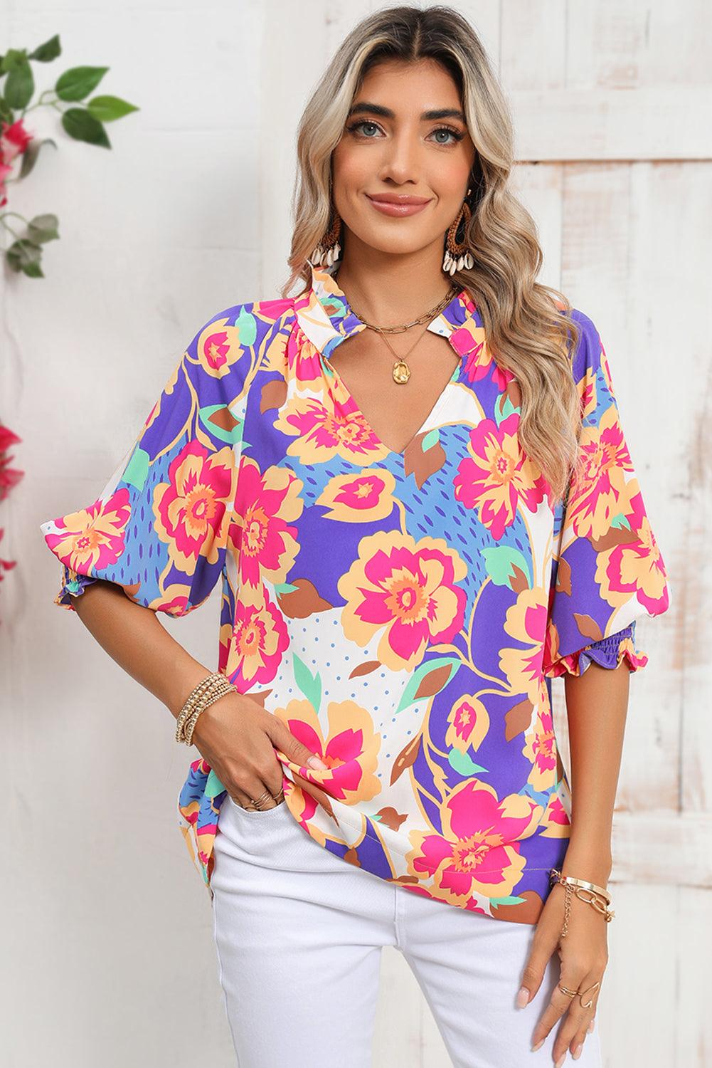 Rose Red Floral Frilled Split Neck Bubble Sleeve Blouse - The Fair Lady Shop