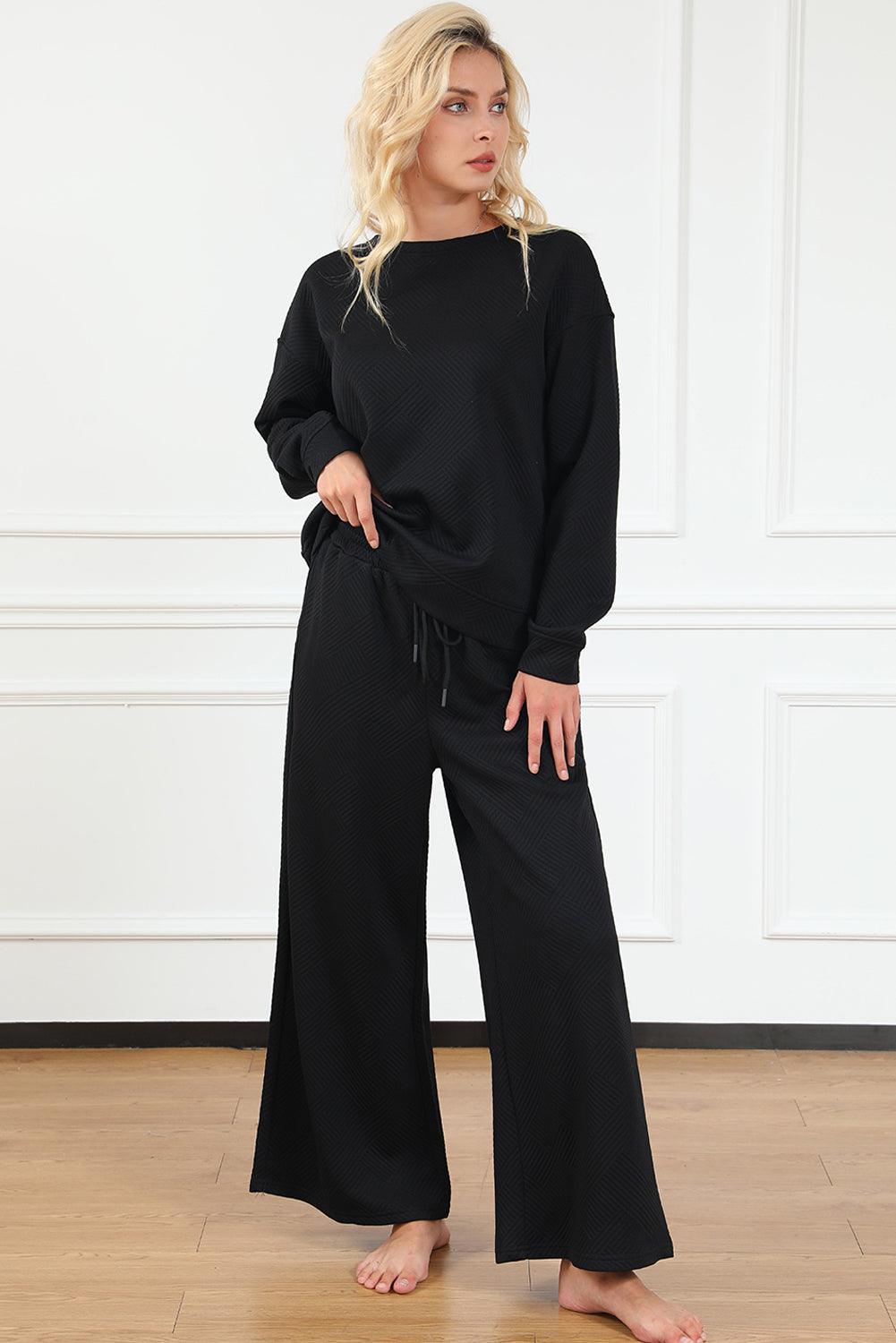 Dark Brown Textured Loose Slouchy Long Sleeve Top and Pants Set - The Fair Lady Shop