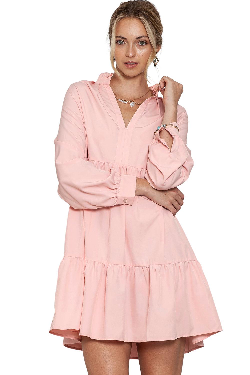 Pink Casual Stand V Neck Short Frill Dress - The Fair Lady Shop