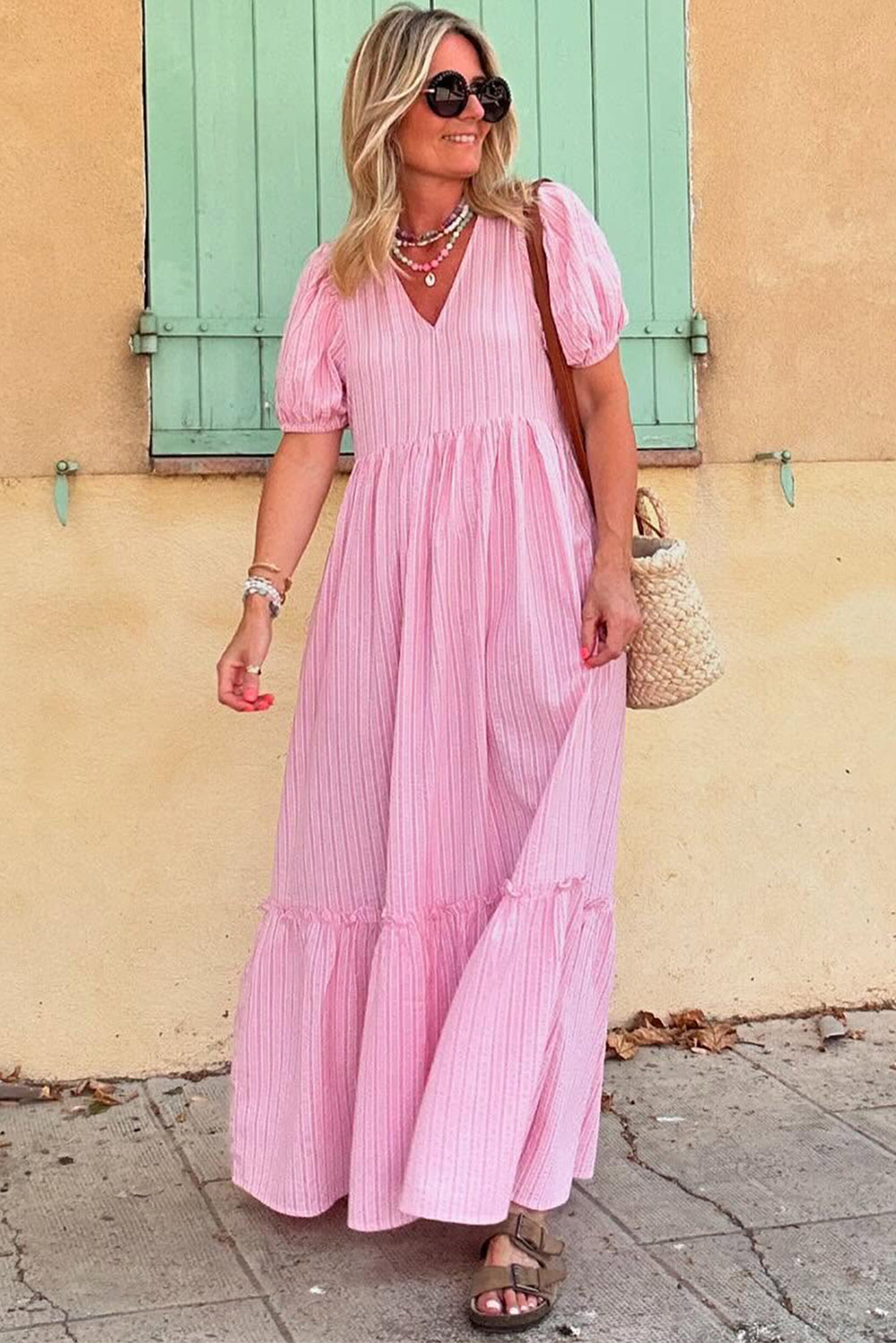 Pink Striped V Neck Puff Sleeve Frill Tiered Maxi Dress - The Fair Lady Shop