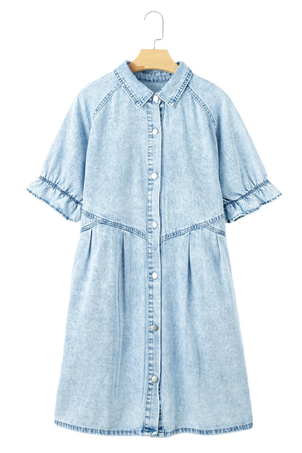 Blue Mineral Washed Ruffled Short Sleeve Pocketed Denim Dress - The Fair Lady Shop