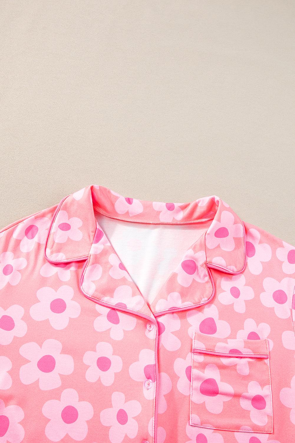 Green Flower Print Buttoned Shirt and Drawstring Waist Pajama Set - The Fair Lady Shop