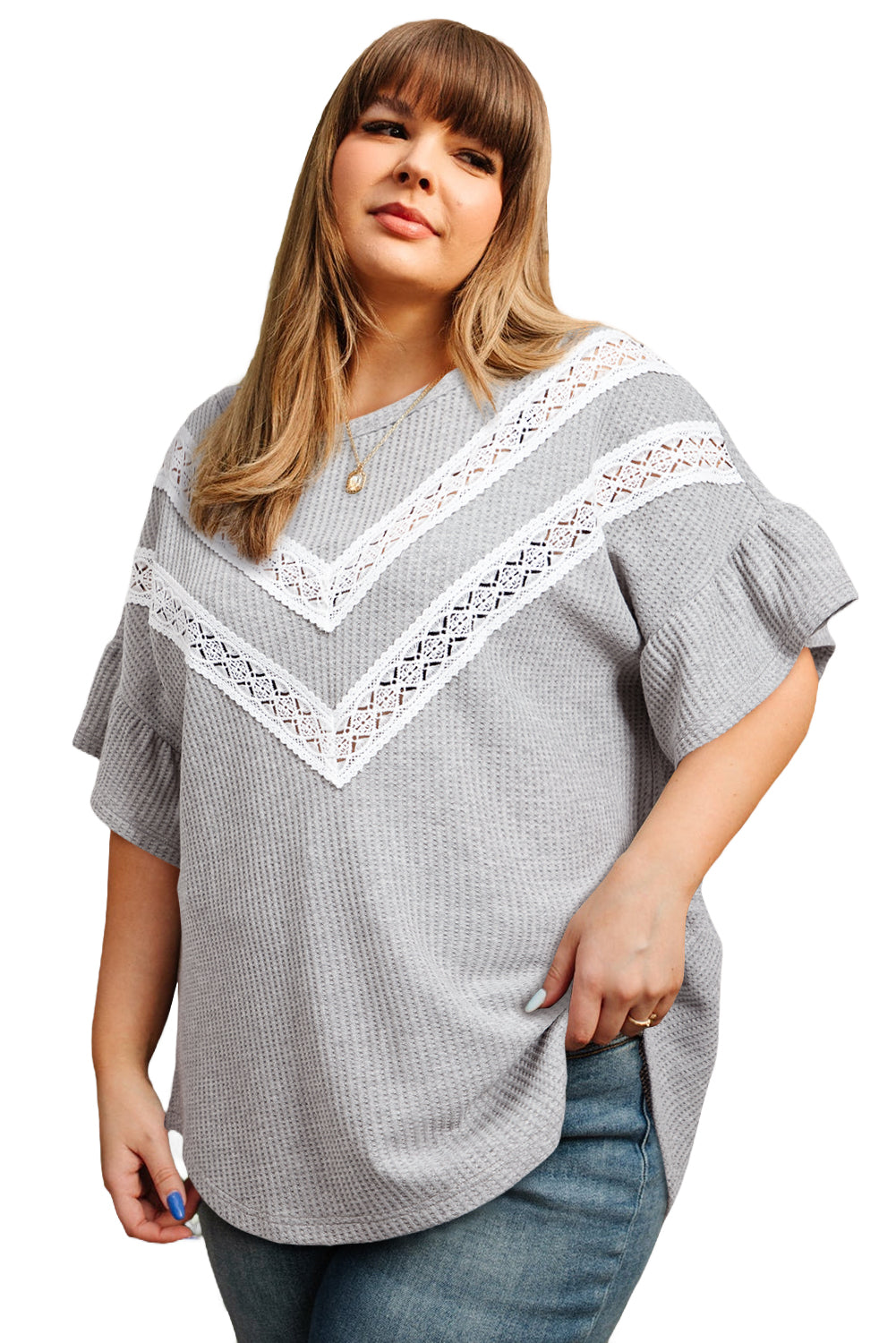 Light Grey Lace Patchwork Ruffle Sleeve Waffle Plus Size Top - The Fair Lady Shop