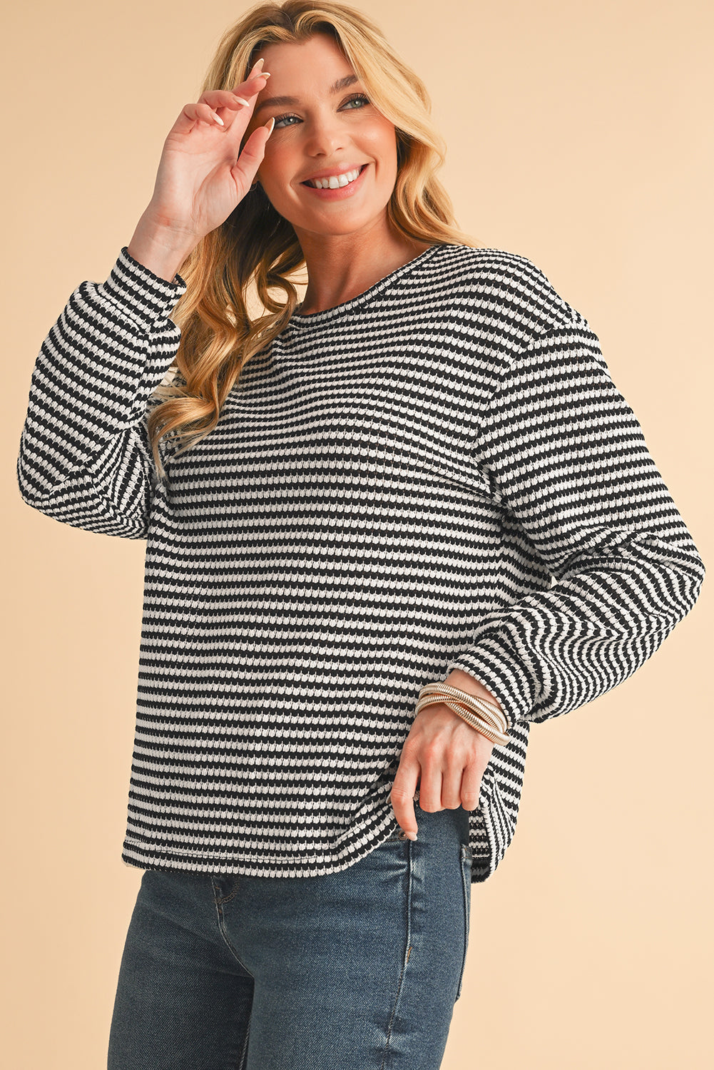 Black Striped Round Neck Drop Shoulder Long Sleeve Top - The Fair Lady Shop