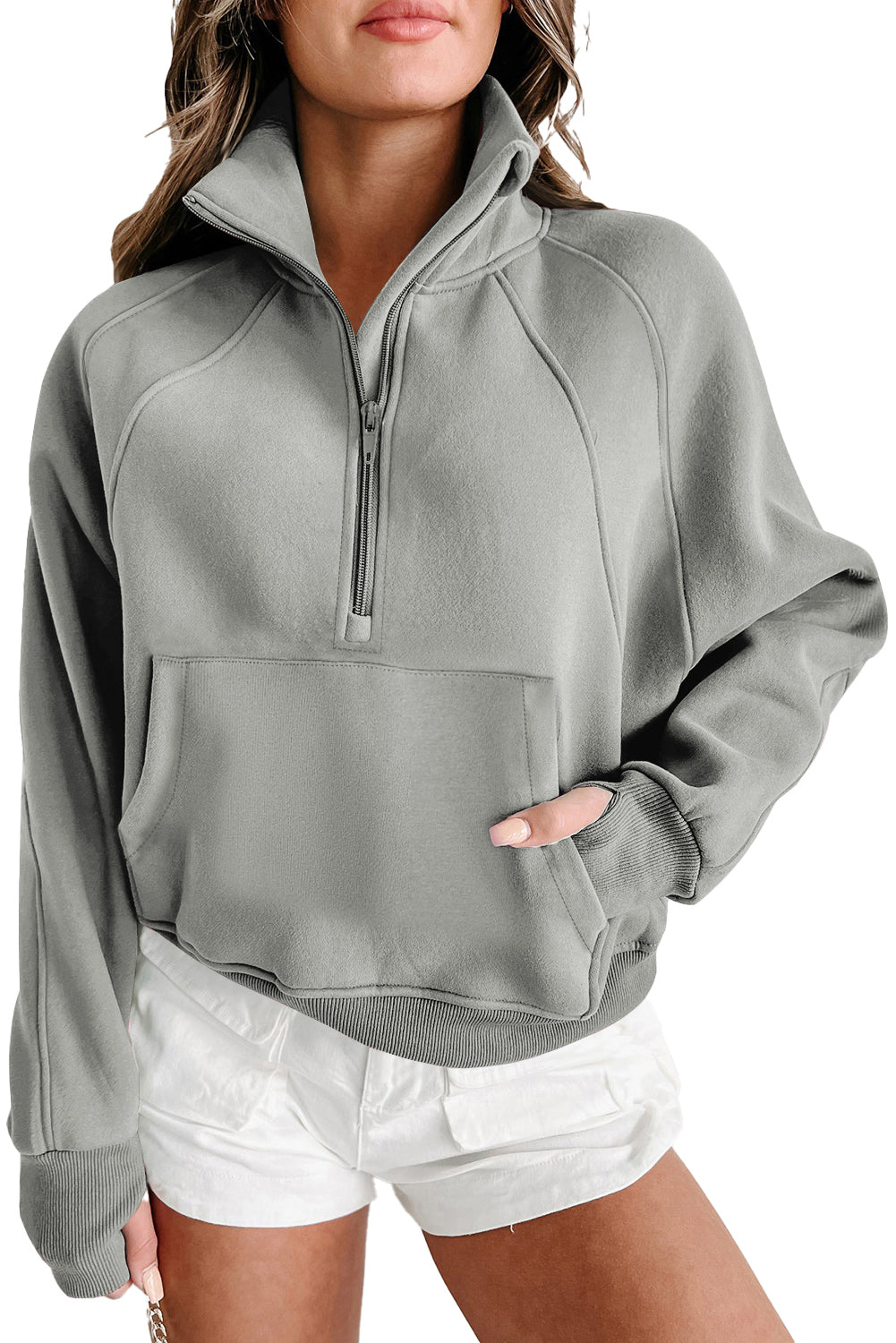 Gray Zip Up Stand Collar Ribbed Thumbhole Sleeve Sweatshirt - The Fair Lady Shop