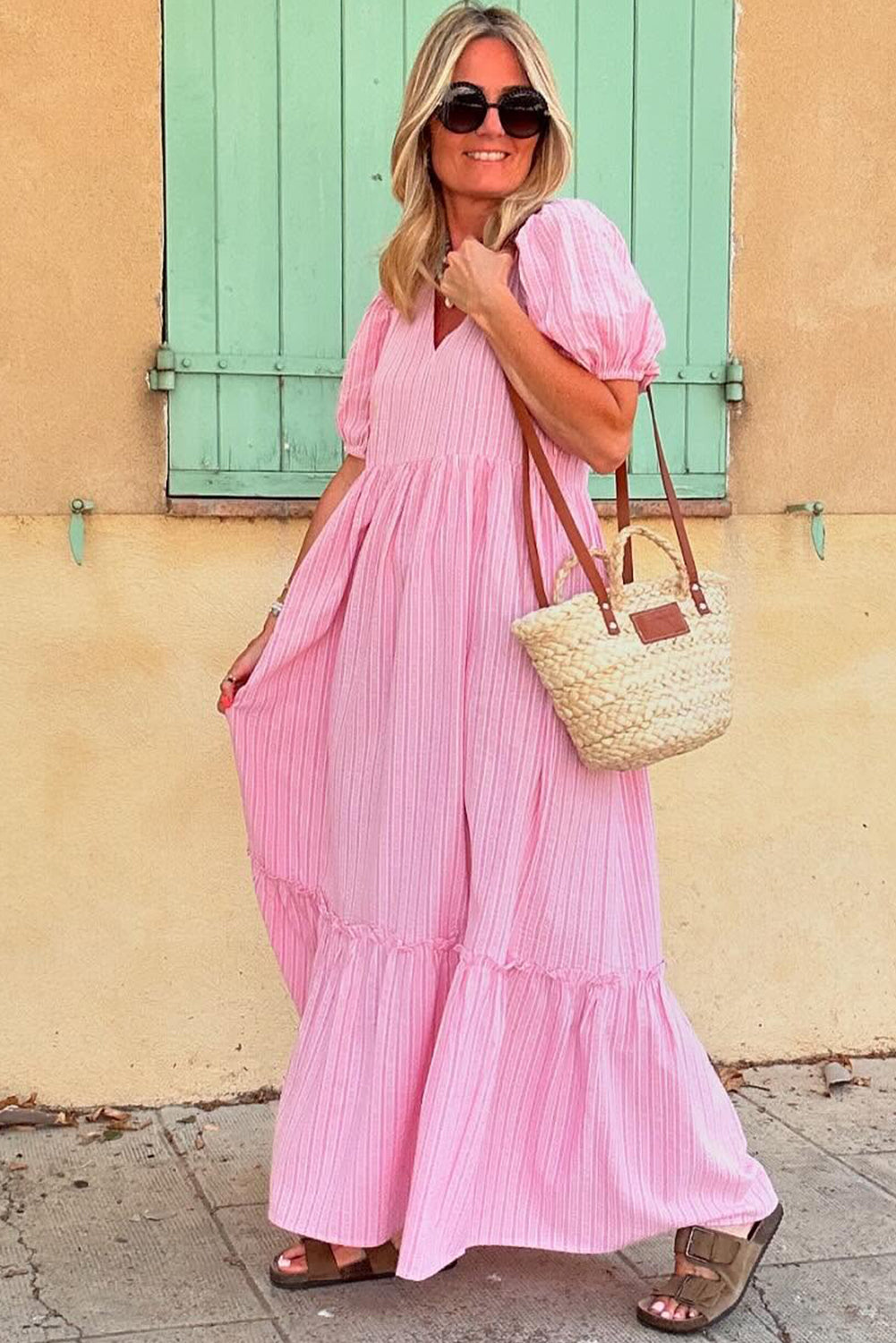 Pink Striped V Neck Puff Sleeve Frill Tiered Maxi Dress - The Fair Lady Shop