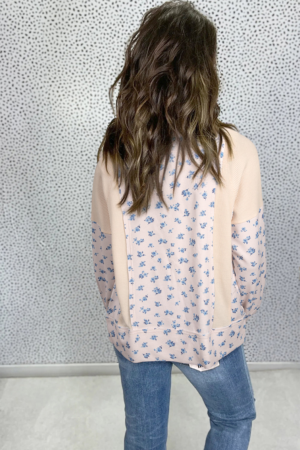 Beige Floral Print Waffle Patchwork Balloon Sleeve V Neck Oversized Top