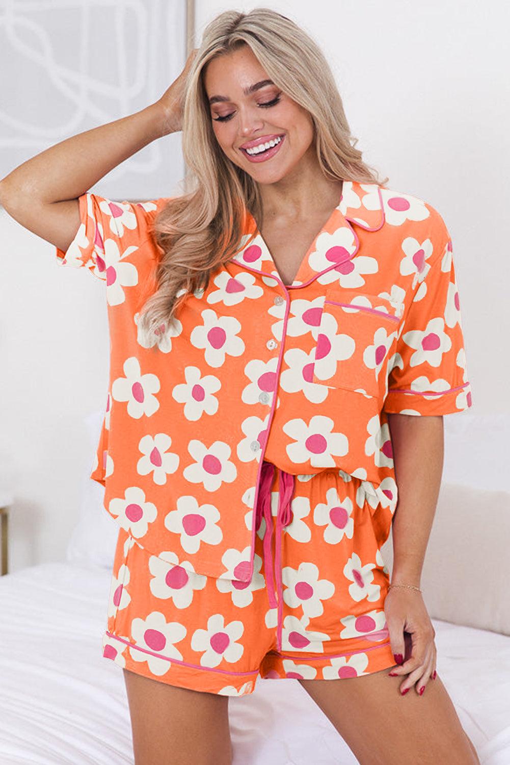 Green Flower Print Buttoned Shirt and Drawstring Waist Pajama Set - The Fair Lady Shop