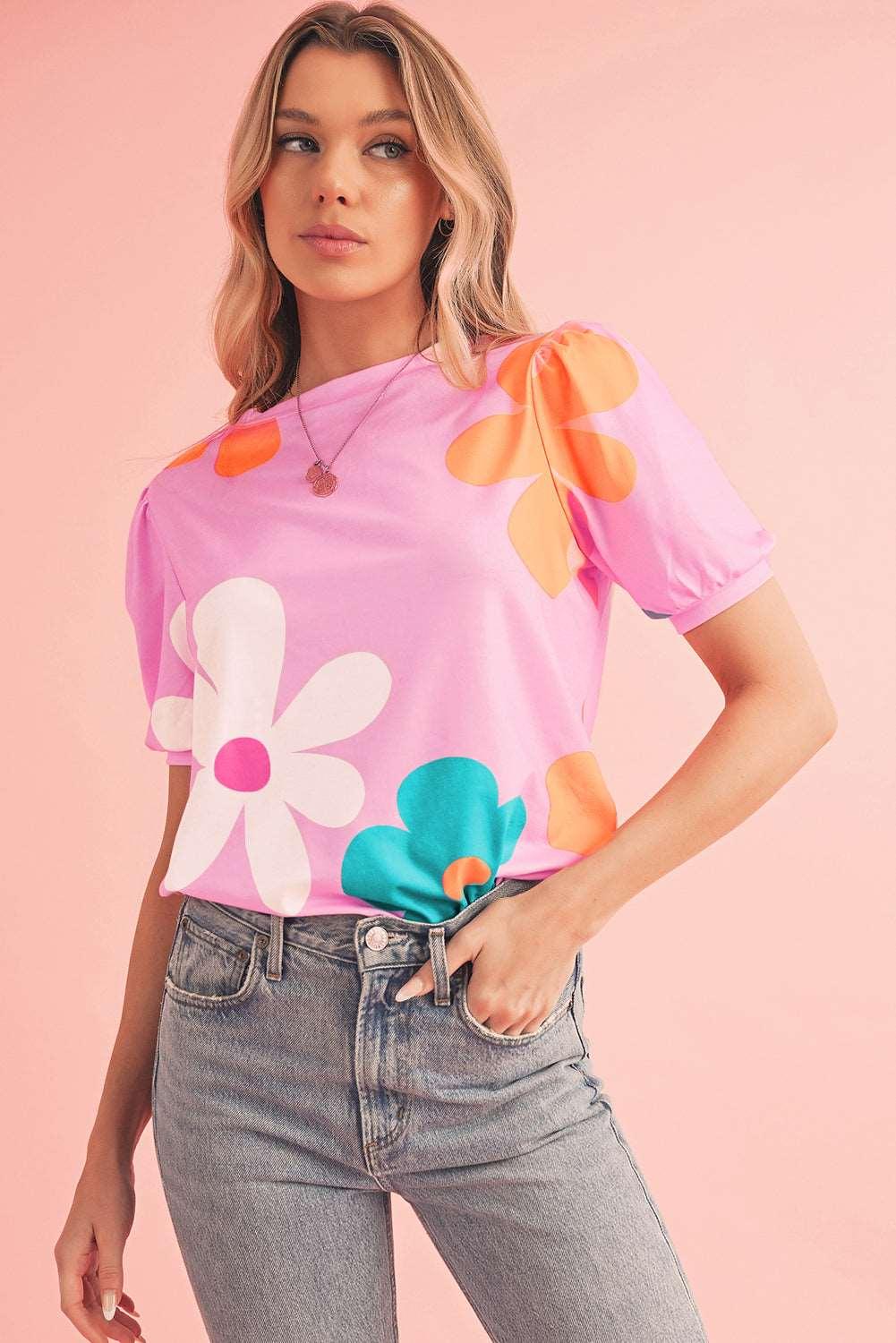 Apricot Colorful Flower Print Bubble Sleeve Tee - The Fair Lady Shop