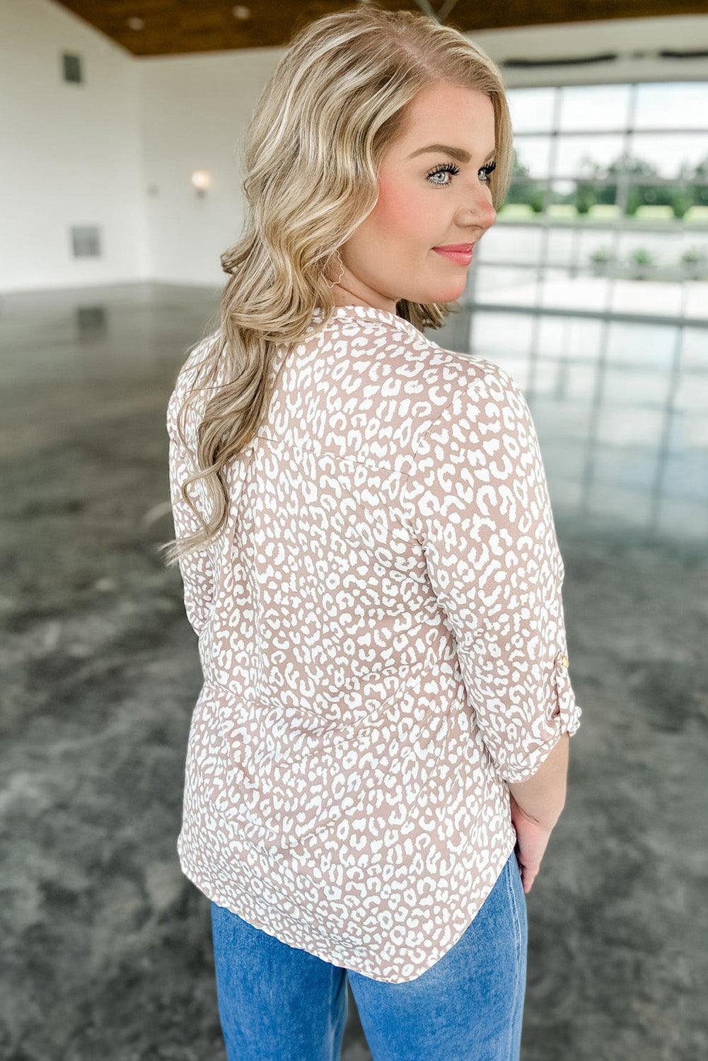 Apricot Leopard Tab Sleeve V Neck Plus Size Top - The Fair Lady Shop