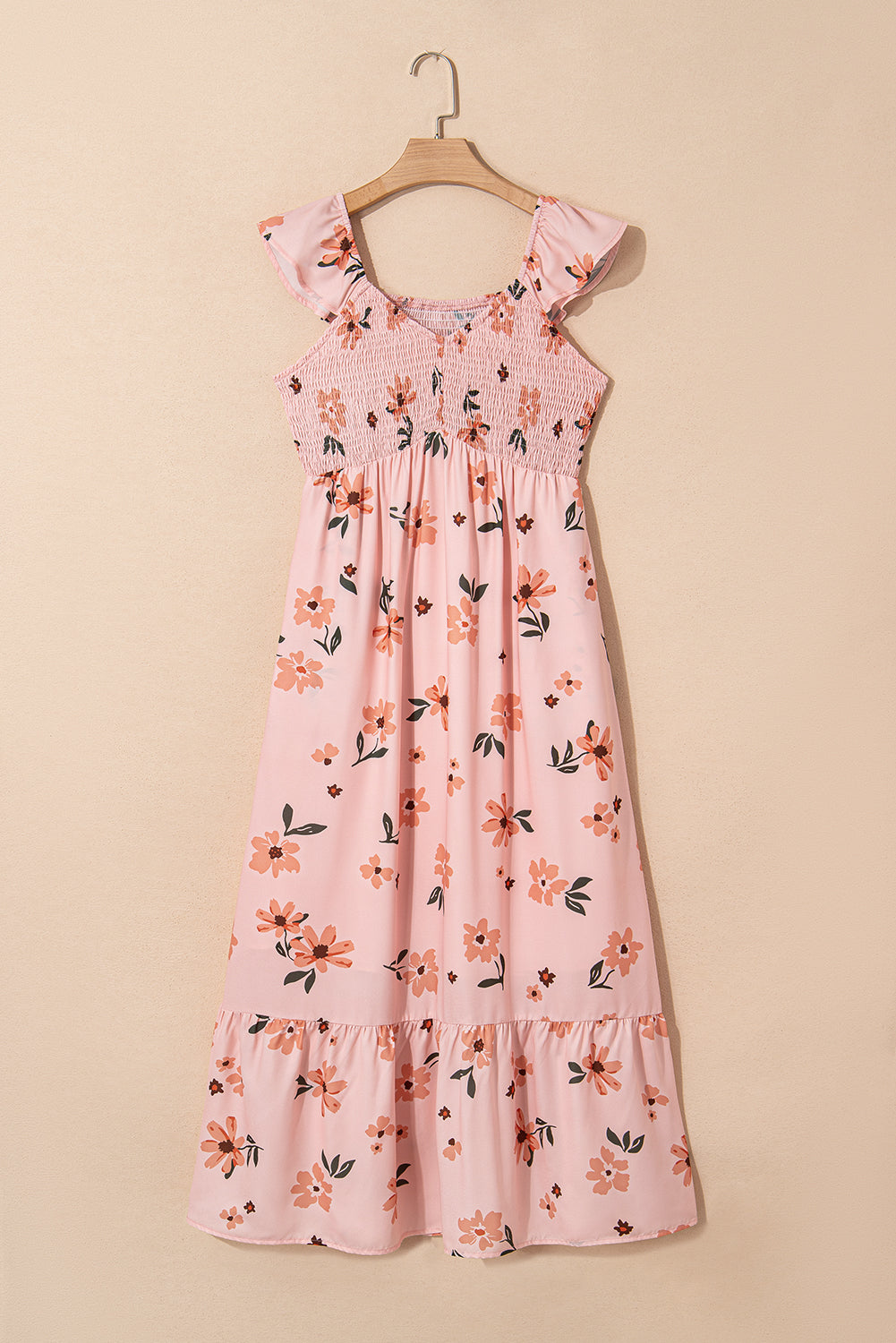 Pink Floral V Neck Smocked High Waist Ruffle Hem Maxi Dress - The Fair Lady Shop