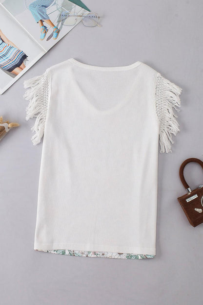 White Boho Floral Print Fringe Shoulder Sleeveless Shirt - The Fair Lady Shop