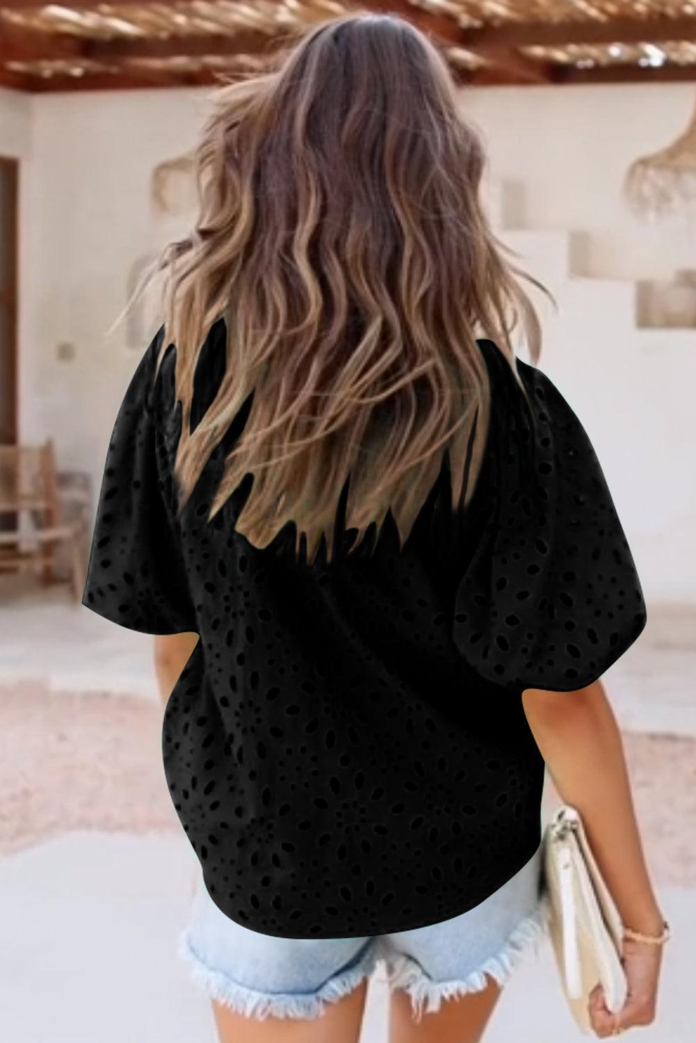 Bonbon Hollow-out Flower Embroidered Short Puff Sleeve Blouse - The Fair Lady Shop