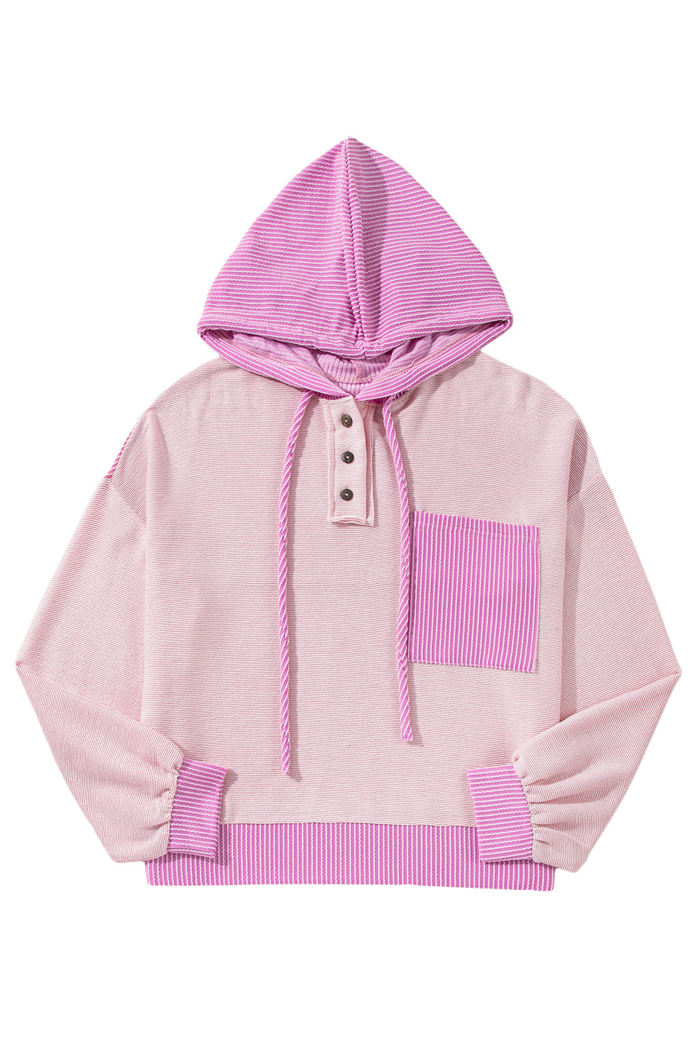 Light Pink Corded Patch Pocket Drawstring Henley Long Sleeve Tops - The Fair Lady Shop