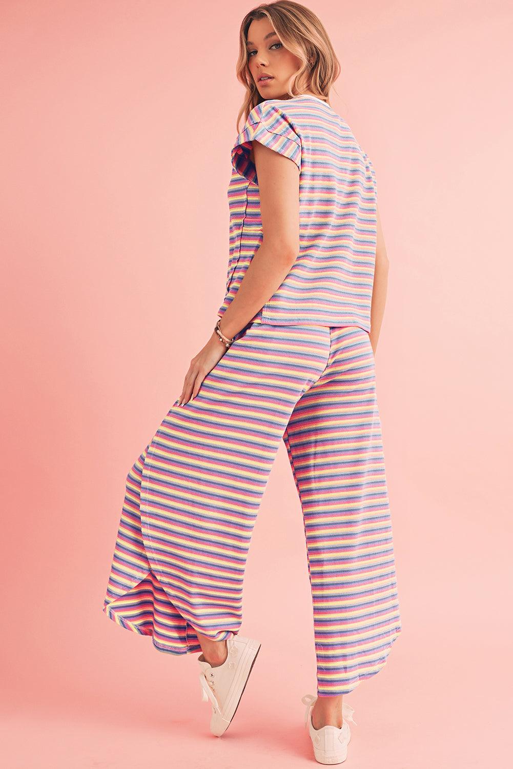 Yellow Stripe Rainbow Tee and Tassel Drawstring Wide Leg Pants Set - The Fair Lady Shop