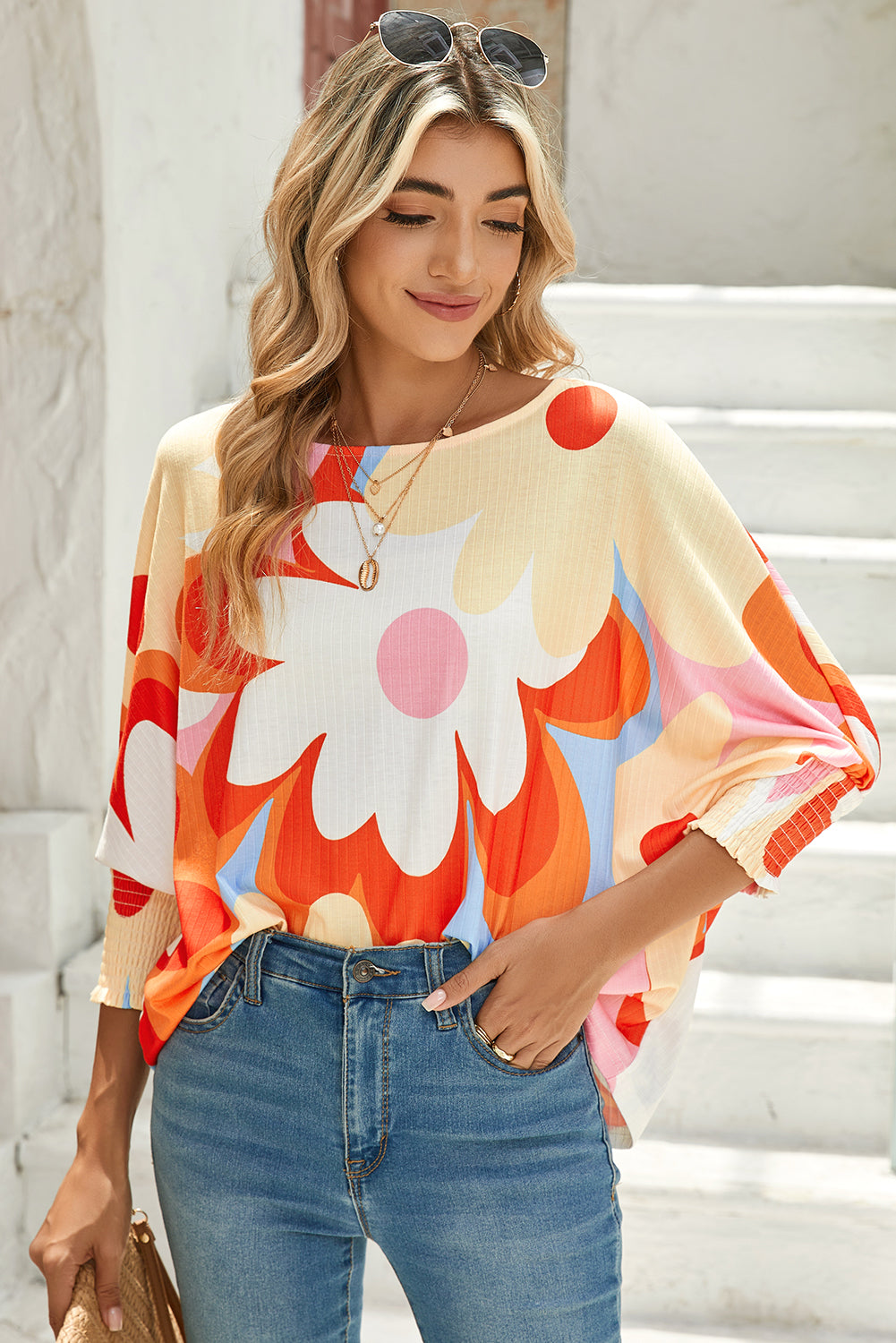 Yellow Colorful Floral Print Ribbed Dolman Blouse - The Fair Lady Shop