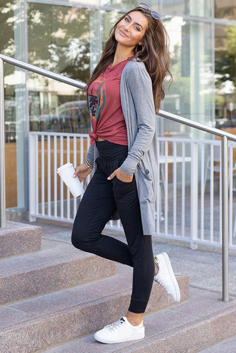 Black Pleated Casual Pocket High Waisted Leggings - The Fair Lady Shop