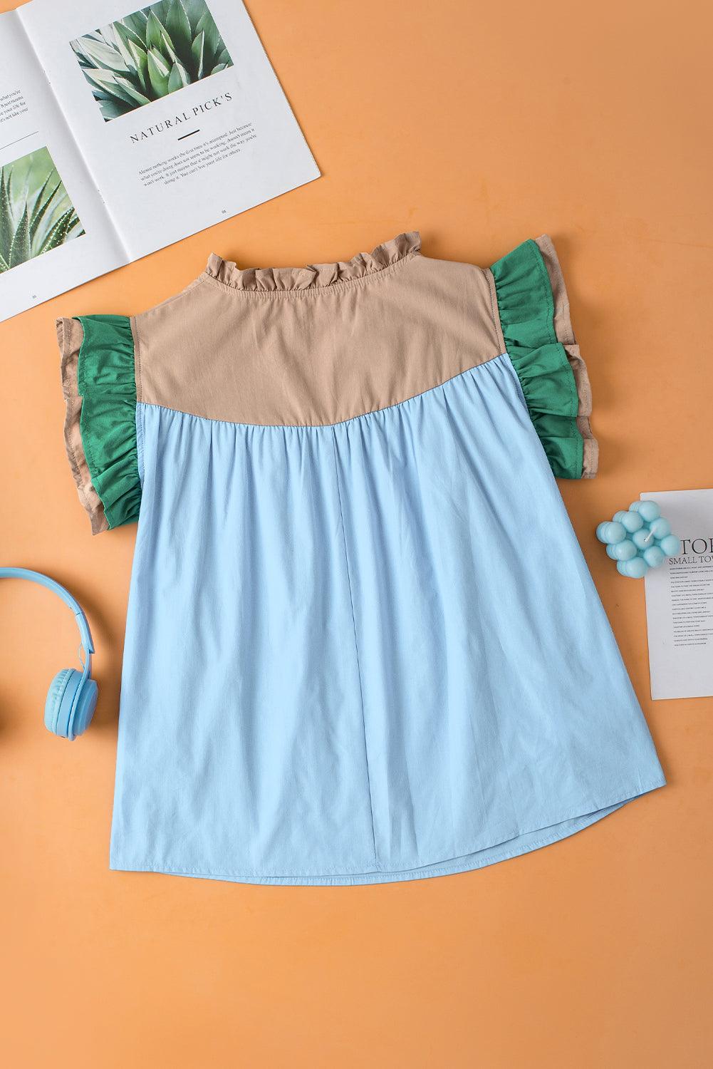 Mist Blue Colorblock Ruffled Sleeve Frill V Neck Blouse - The Fair Lady Shop