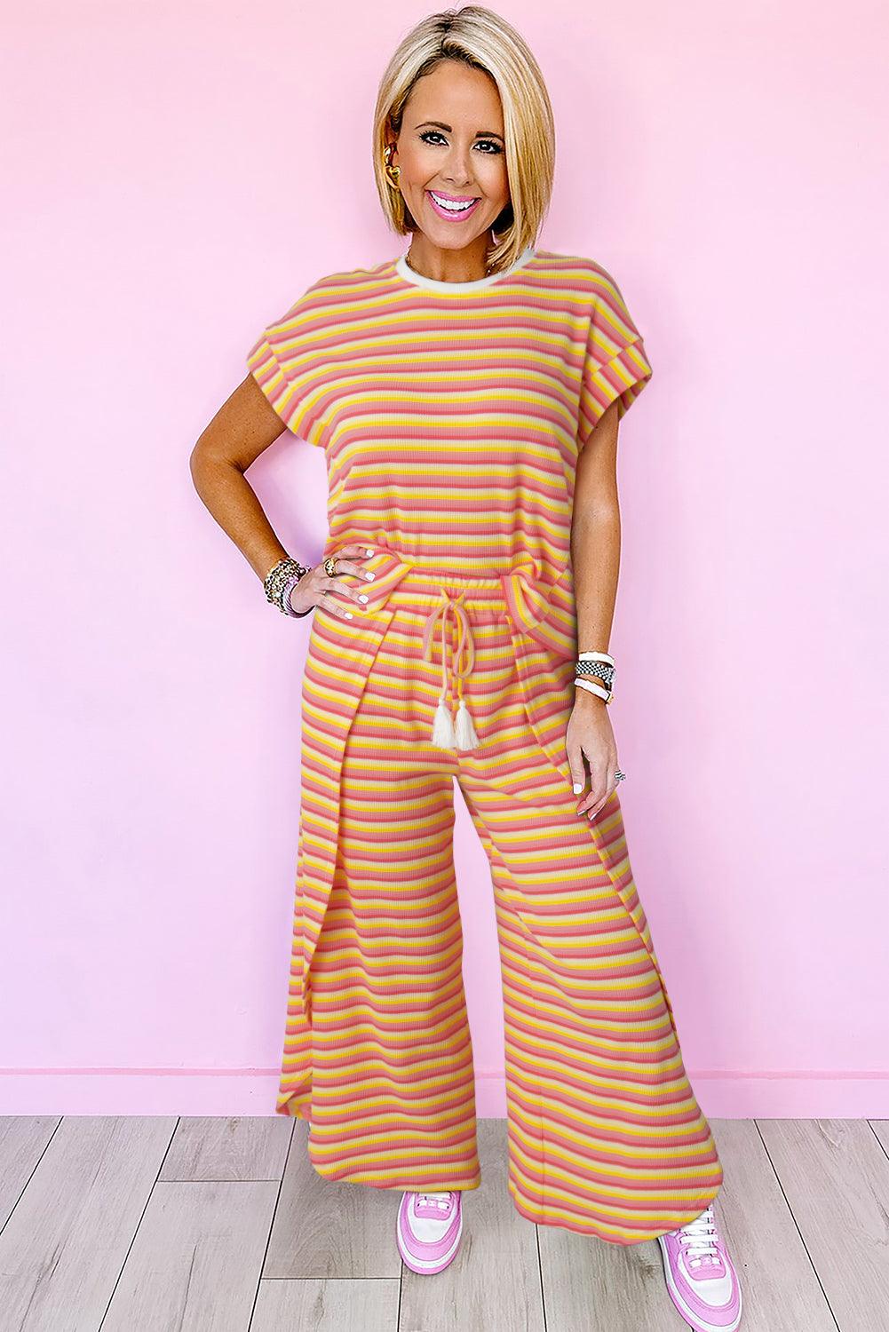 Yellow Stripe Rainbow Tee and Tassel Drawstring Wide Leg Pants Set - The Fair Lady Shop