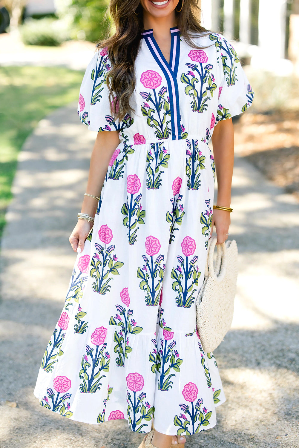 White Floral Ruffle Hem Pop of Color Neckline Dress - The Fair Lady Shop