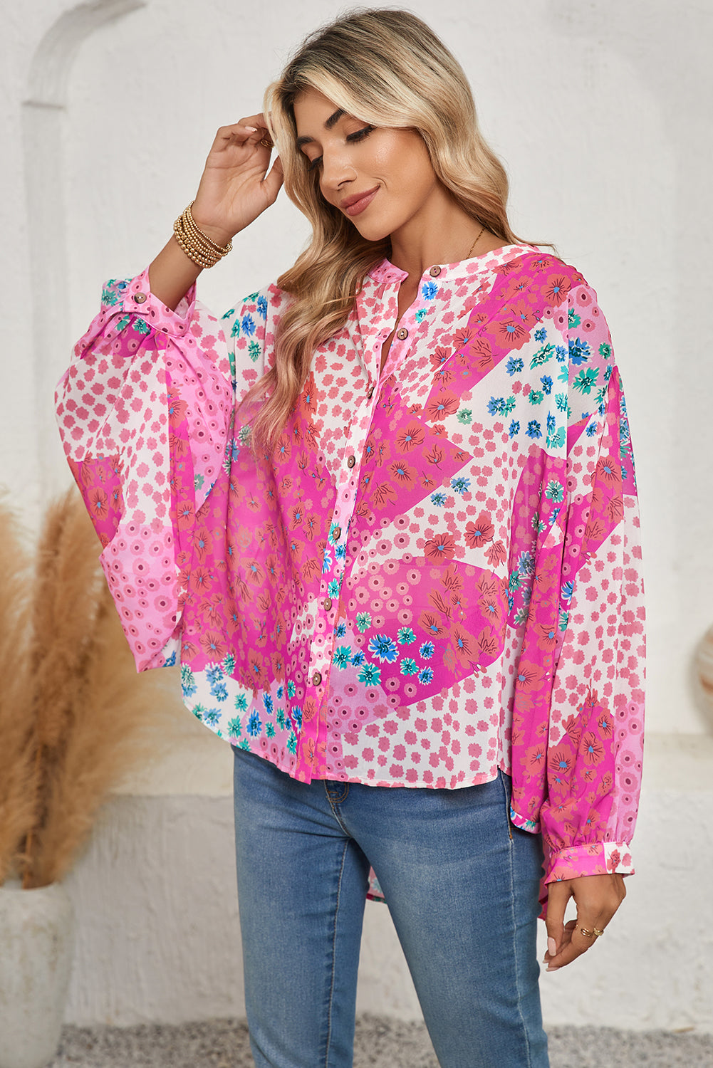 Rose Red Floral Print Dolman Sleeve Blouse - The Fair Lady Shop