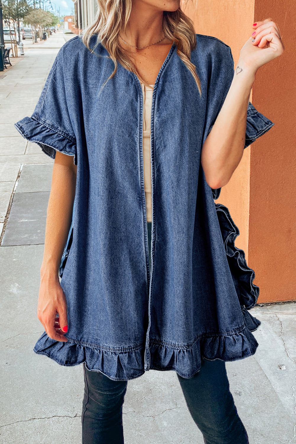 Dusk Blue Half Sleeve Ruffle Edge Chambray Open Kimono - The Fair Lady Shop