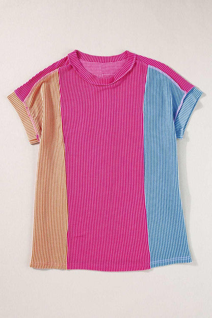 Apricot Pink Colorblock Ribbed Round Neck T Shirt - The Fair Lady Shop