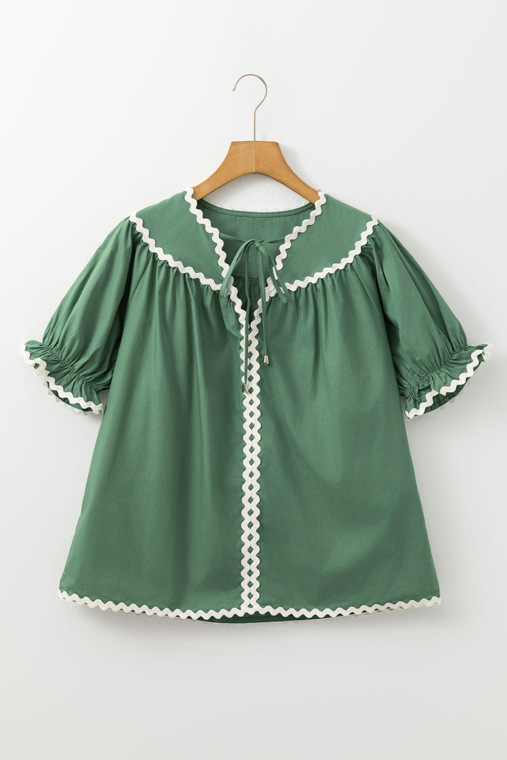 Mist Green V Neck Tie Detail Ricrac Blouse - The Fair Lady Shop