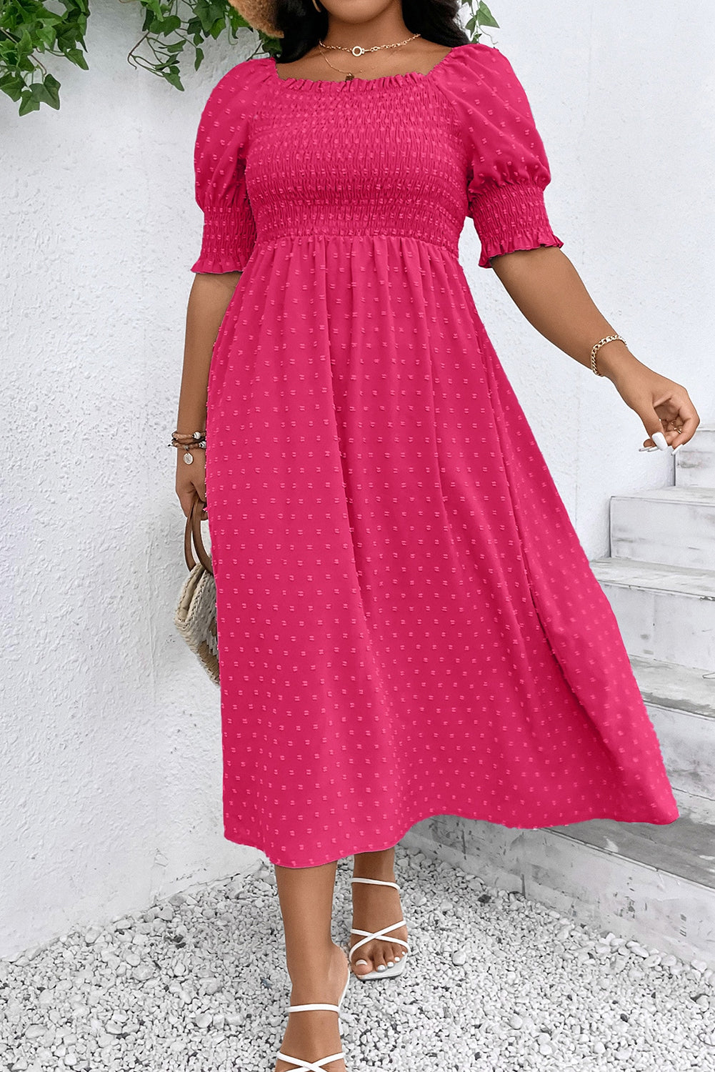 Sachet Pink Swiss Dot Smocked Frill Square Neck Plus Size Dress - The Fair Lady Shop