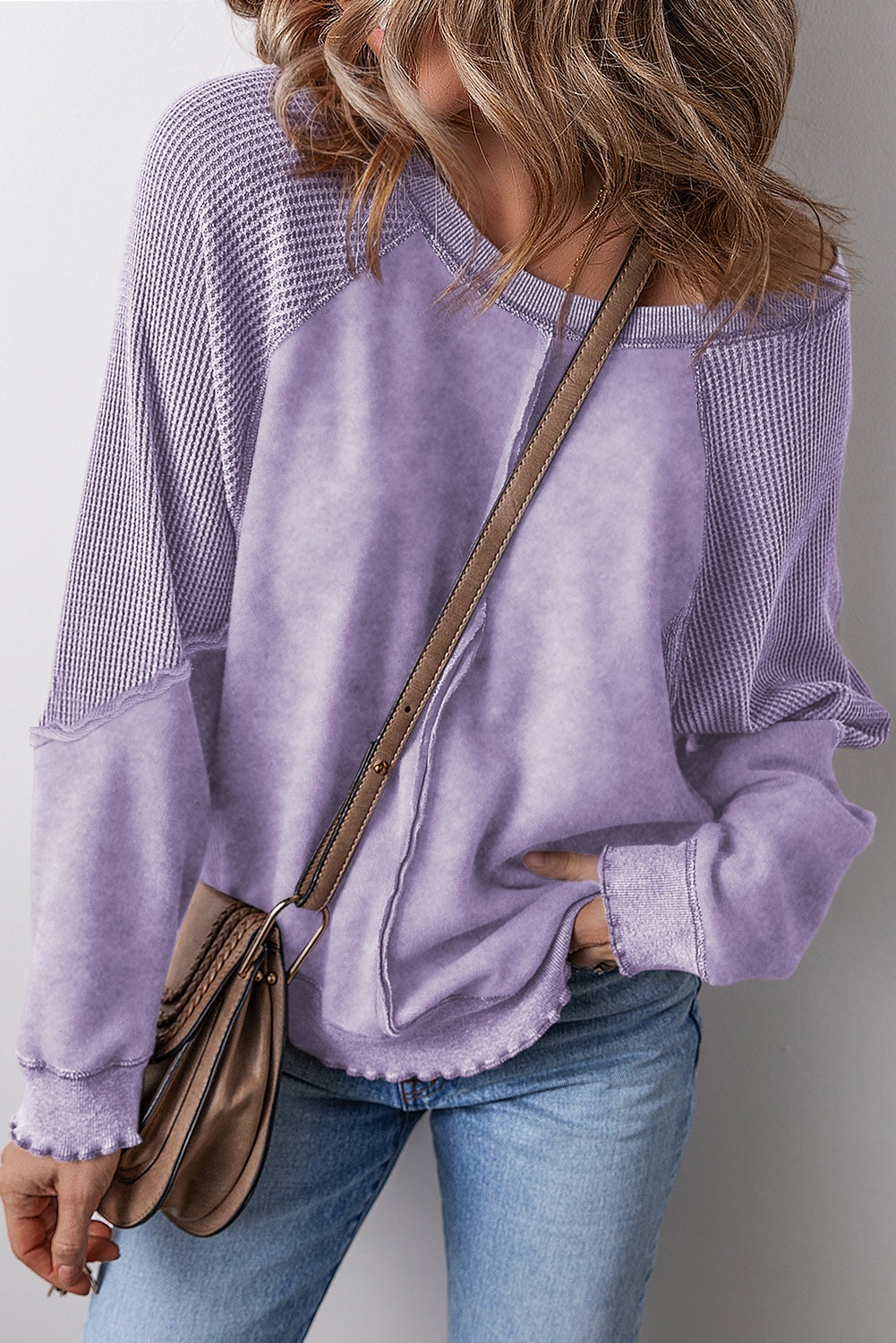 Orchid Petal Waffle Patchwork Raglan Sleeve Exposed Seam Sweatshirt - The Fair Lady Shop